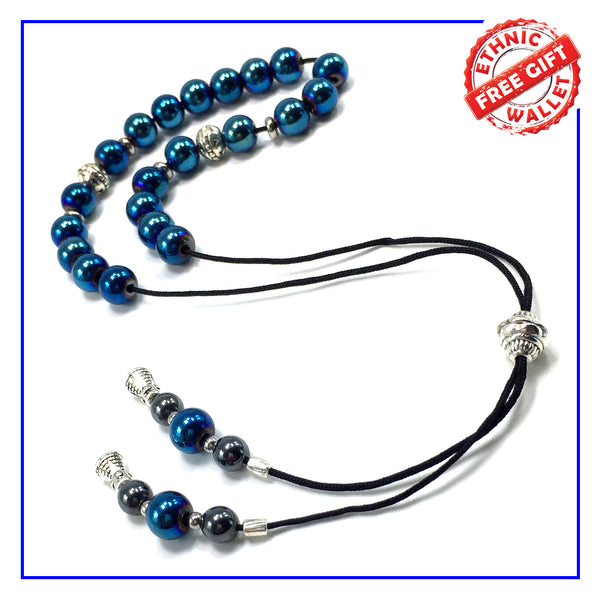 Greek KOMBOLOI Series Worry Beads Begleri Pony Anxiety Beads Rosary Relaxation Stress Relief (Blue Hematite Shiny Beads - 8 mm, 21 Beads Shiny)