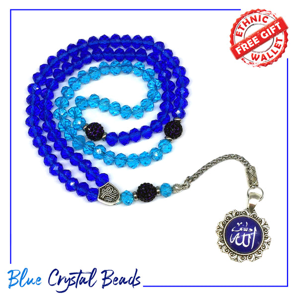 Special for Women Prayer Beads - Tesbih-Tasbih-Tasbeeh-Misbaha-Masbaha-Subha-Sebha-Sibha-Worry Beads-Rosary (Blue Crystal - 6x8 mm 99 Beads - Allah Tassel)