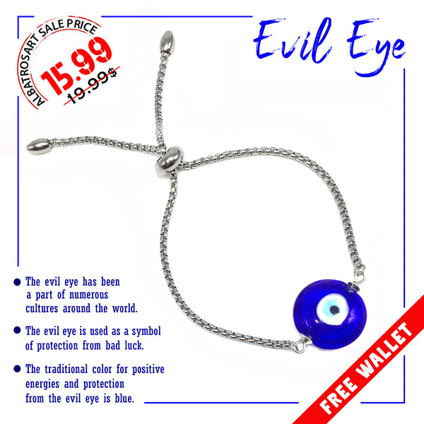 Albatrosart Design -EVIL EYE Glass Beaded Bracelet on Stainless Steel Slider Chain, Gemstone Adjustable Bracelet, 11 inches Chain Bracelet