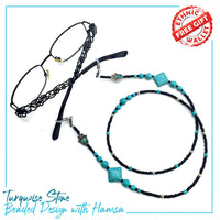 HANDMADE Eyeglass Chains Elegant Eyewear Retainer Beaded Eyeglass Strap Holder Natural Stone Beaded Eyewear Retainer (TURQUOISE Stone Beaded Design with Hamsa)