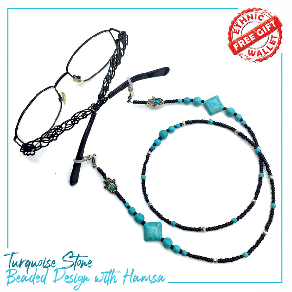 HANDMADE Eyeglass Chains Elegant Eyewear Retainer Beaded Eyeglass Strap Holder Natural Stone Beaded Eyewear Retainer (TURQUOISE Stone Beaded Design with Hamsa)