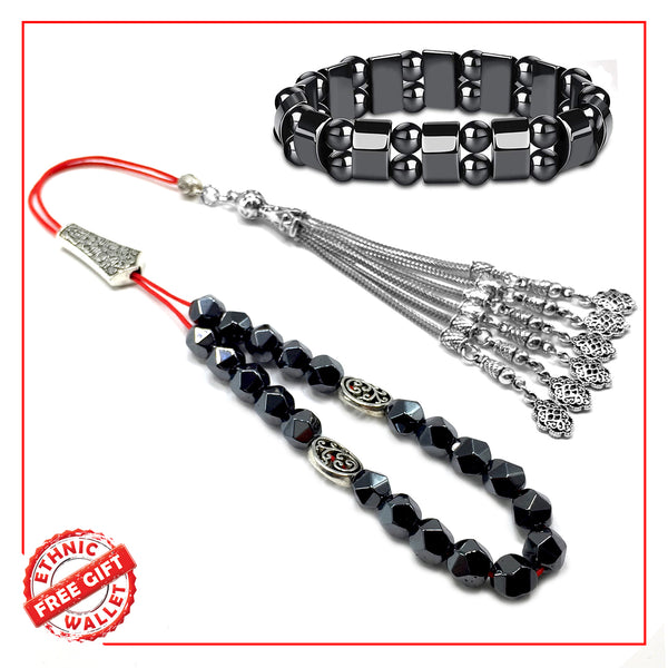 Greek KOMBOLOI Series Worry Beads Begleri Pony Anxiety Beads Rosary Relaxation Stress Relief (Black Hematite Faceted Beads & Bracelet- 8 mm, 21 Beads)