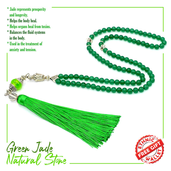 Women Prayer Beads-Tesbih-Tasbih-Tasbeeh-Misbaha (6 mm 99 beads-Green Jade with Silk Tassel)