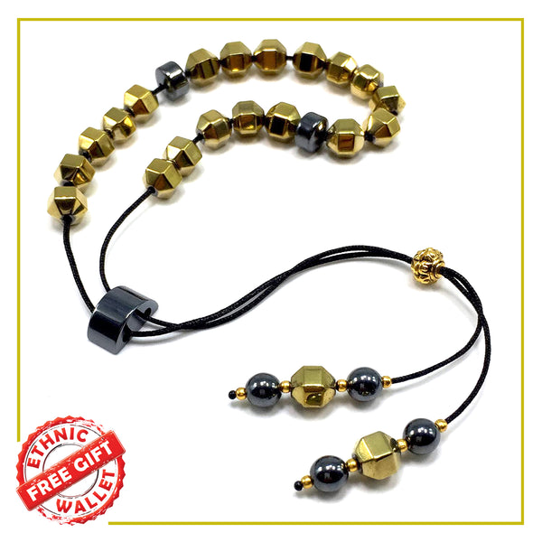 Greek KOMBOLOI Series Worry Beads Begleri Pony Anxiety Beads Rosary Relaxation Stress Relief (Gold Hematite Hexagon Beads - 9 mm, 19 Beads Shiny)
