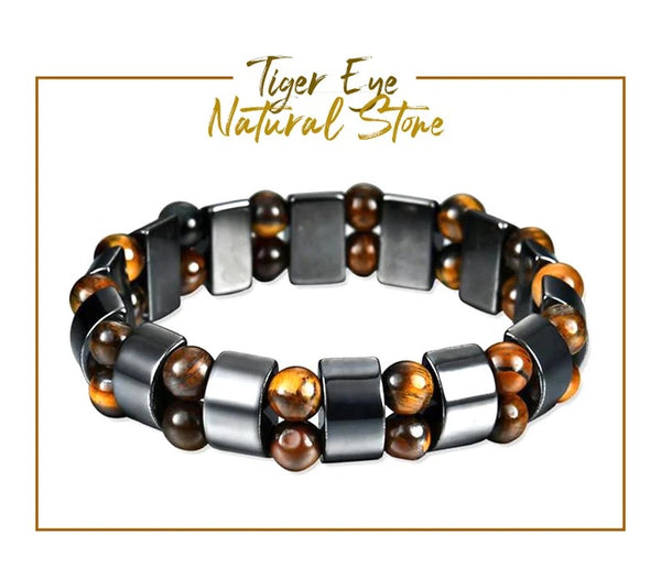 Real Tiger Eye Natural Stone Beaded Magnetic Hematite Bracelet (6mm beads)