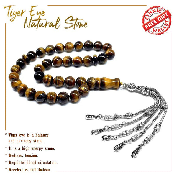Big Prayer Beads-Worry Beads-Tesbih-Tasbih-Tasbeeh-Misbaha-Masbaha-Subha-Sebha-Sibha-Rosary (-Tiger Eye Natural Stone with Metal Tassel -10mm-33 Beads-)