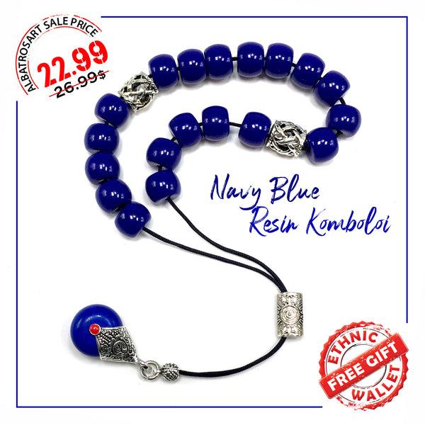 ALBATROSART Design - Greek KOMBOLOI Series Worry Beads Begleri Pony Anxiety Beads Rosary Relaxation Stress Relief (Navy Blue Resin Drum -13X9 mm- 19 Big Beads)