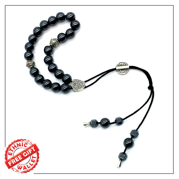 Greek KOMBOLOI Series Worry Beads Begleri Pony Anxiety Beads Rosary Relaxation Stress Relief (Black Hematite Round Beads -8 mm, 21 Beads)