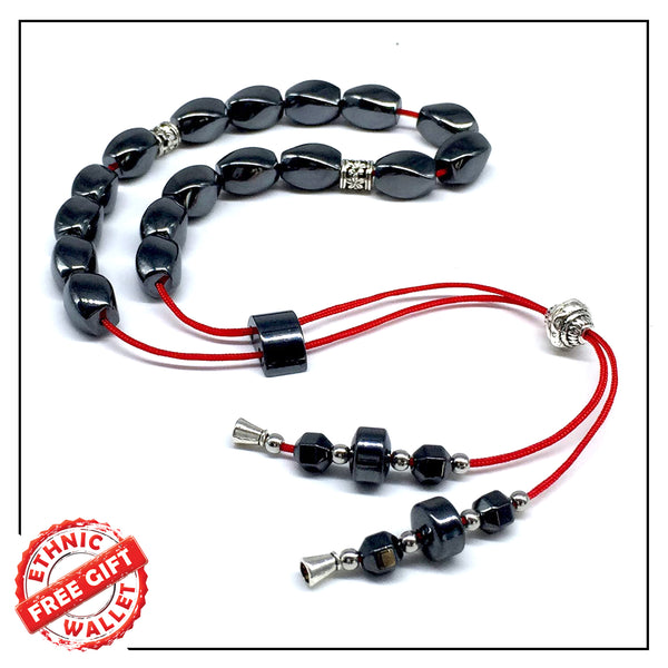 Greek KOMBOLOI Series Worry Beads Begleri Pony Anxiety Beads Rosary Relaxation Stress Relief (Black Hematite Twisted Oval -12x8 mm- 17 Beads)