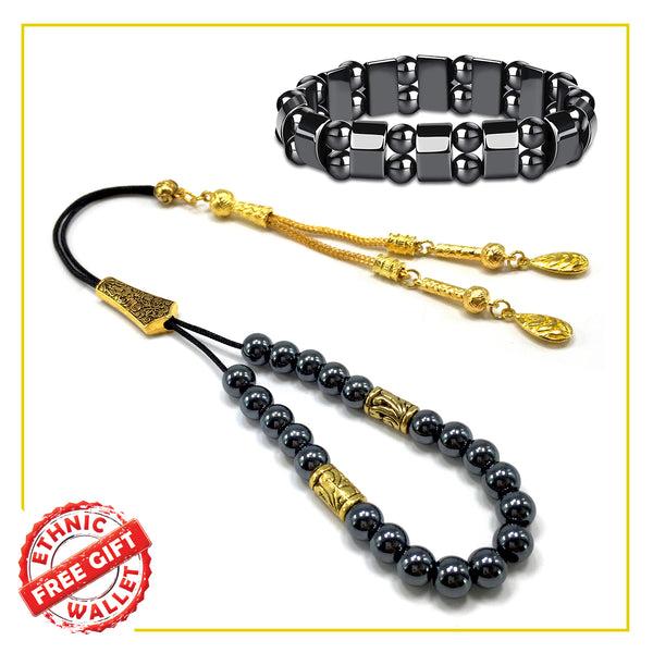 Greek KOMBOLOI Series Worry Beads Begleri Pony Anxiety Beads Rosary Relaxation Stress Relief (Black/Gold Hematite Beads & Bracelet - 8 mm, 21 Beads -)