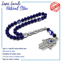 Handmade Special Evil Eye Beaded Collection Worry Beads - Prayer Beads Tesbih-Tasbih-Tasbeeh-Misbaha-Masbaha-Subha-Rosary (Lapis Lazuli -8 mm 33 Beads- Natural Stone & Evil Eye Hamsa Tassel)