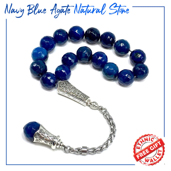 Relaxing Stress Relief Big Beads Prayer Beads, Worry Beads, EFE Tesbih, Maskot Tesbih, Tasbih, Rosary (12 mm - 17 Navy Blue Agate Stone Beads)