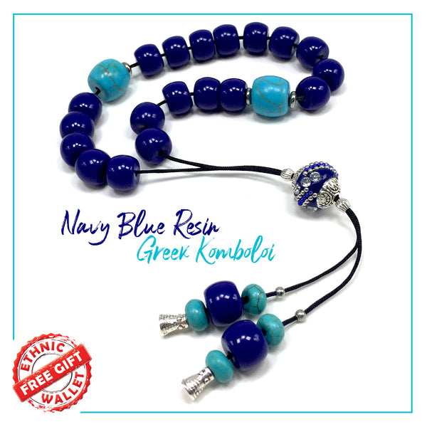 Greek KOMBOLOI Series- Worry Beads Begleri Pony Anxiety Beads Rosary Relaxation Stress Relief (Navy Blue Resin Beads - 13x9 mm, 19 Beads-)