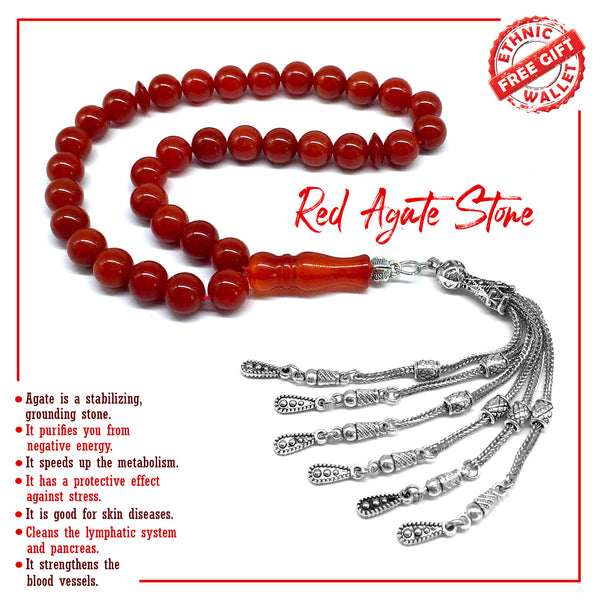 -Big Beads Series- Prayer Beads-Worry Beads-Tesbih-Tasbih-Tasbeeh-Misbaha-Masbaha-Subha-Sebha-Sibha-Rosary (-Red Agate Natural Stone with Metal Tassel -10 mm 33 Beads-)