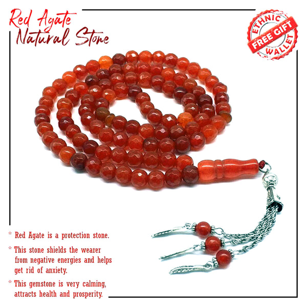 Brilliance Collection: Worry Beads-Prayer Beads-Tesbih-Tasbih-Tasbeeh-Misbaha-Masbaha-Subha-Sebha-Sibha-Rosary  (RED Agate Natural Faceted Gemstone -8 mm 99 Beads)