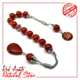 Zaza Stress Worry Beads-Prayer Beads-Tesbih-Tasbih-Tasbeeh-Misbaha-Masbaha-Subha-Rosary (-Red Agate Natural Stone (12 mm) Beads and Allah Pattern-)