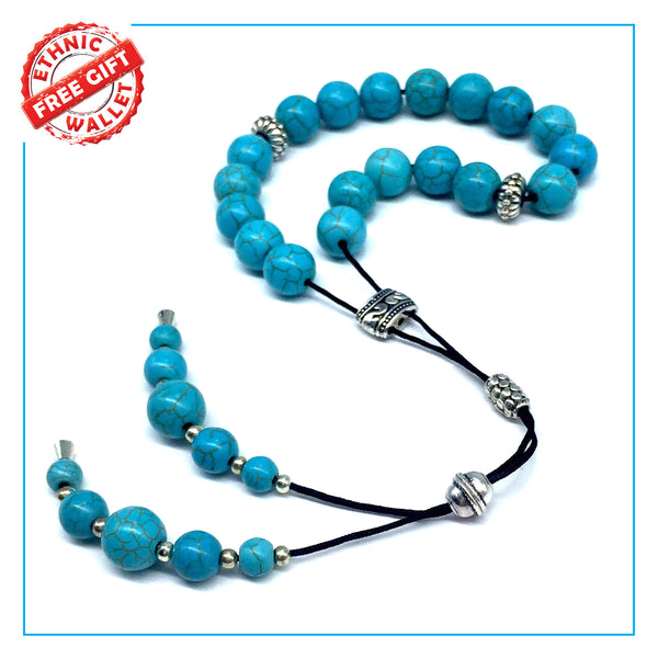 Greek KOMBOLOI Series- Worry Beads Begleri Pony Anxiety Beads Rosary Relaxation Stress Relief (Synthetic Round Turquoise Beads -10 mm, 19 Beads)