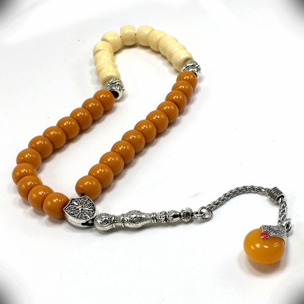 -Big Beads Series- Prayer Beads-Worry Beads-Tesbih-Tasbih-Tasbeeh-Misbaha-Masbaha-Subha-Sebha-Sibha-Rosary (Cream & Dark Orange Resin Drum -13X9 mm- 33 Beads)