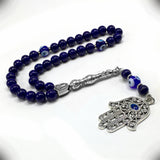 Handmade Special Evil Eye Beaded Collection Worry Beads - Prayer Beads Tesbih-Tasbih-Tasbeeh-Misbaha-Masbaha-Subha-Rosary (Lapis Lazuli -8 mm 33 Beads- Natural Stone & Evil Eye Hamsa Tassel)