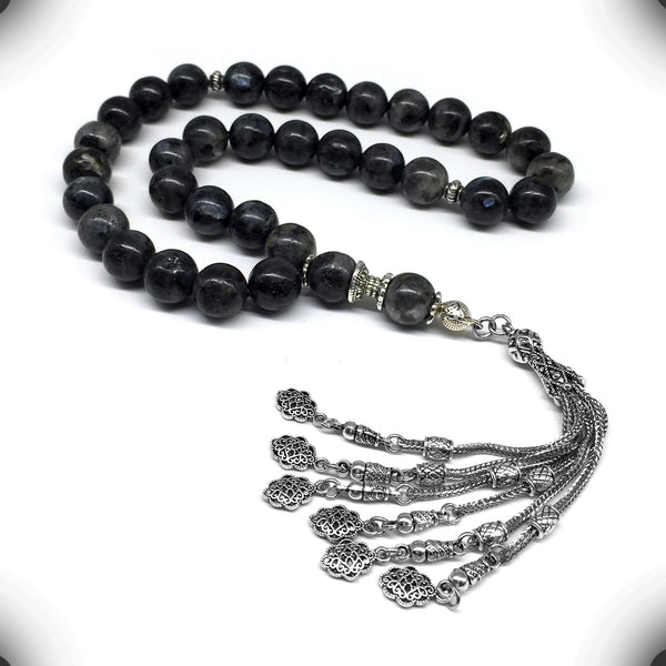 -Big Beads Series- Prayer Beads-Worry Beads-Tesbih-Tasbih-Tasbeeh-Misbaha-Masbaha-Subha-Sebha-Sibha-Rosary (-Labradorite Natural Stone with Metal Tassel -12 mm-33 Beads-)