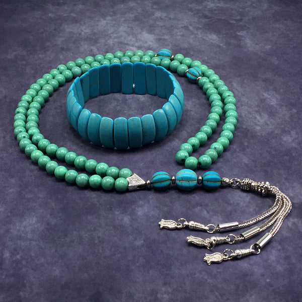 ALBATROSART Special for Woman Prayer Beads Series -99 Beads- Tesbih-Tasbih-Tasbeeh-Misbaha-Masbaha-Subha  (Turquoise Color Acrylic Beads-8 mm) and Bracelet