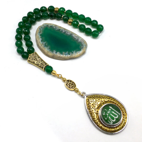 -Orient Collection-Prayer Beads-Worry Beads-Tesbih-Tasbih-Tasbeeh-Misbaha-Masbaha-Subha-Rosary (Green Jade Faceted Natural Stone-Allah Tassel -8mm 33 Beads)