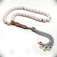 ALBATROSART -Elegance Collection- Prayer Beads-Tesbih-Tasbih-Tasbeeh-Misbaha-Masbaha-Subha-Sebha-Sibha-Rosary (White Jade with Zirconia Stone Silver Plated Tassel - Prayer Beads -8 mm, 33 Beads-)