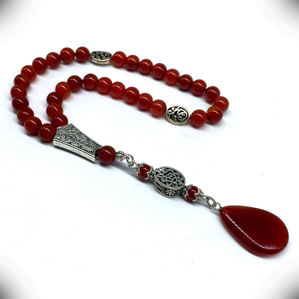 ALBATROSART -Elegance Collection- Prayer Beads-Tesbih-Tasbih-Tasbeeh-Misbaha-Masbaha-Subha-Sebha-Sibha-Rosary (RED Agate Natural Stone * Drop Tassel -8mm -33 Beads-)