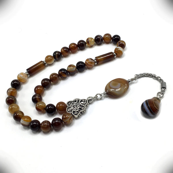 ALBATROSART -Elegance Collection- Prayer Beads-Tesbih-Tasbih-Tasbeeh-Misbaha-Masbaha-Subha-Sebha-Sibha-Rosary (Brown Banded Agate Natural Stone -8mm 33 Beads-)