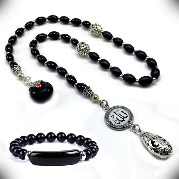 ALBATROSART -Swing Beads Collection- Prayer Beads-Tesbih-Tasbih-Tasbeeh-Misbaha-Masbaha-Subha-Sebha-Sibha-Rosary (Model 3 -8 mm Diameter Black Agate Beads)
