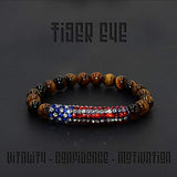 Tiger Eye Bracelet with American Flag Rhinestone Curved Tube Beads (Ethnic Wallet Gift)