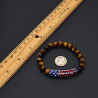 Tiger Eye Bracelet with American Flag Rhinestone Curved Tube Beads (Ethnic Wallet Gift)