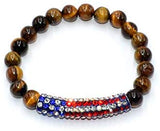 Tiger Eye Bracelet with American Flag Rhinestone Curved Tube Beads (Ethnic Wallet Gift)