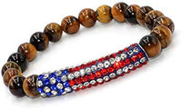 Tiger Eye Bracelet with American Flag Rhinestone Curved Tube Beads (Ethnic Wallet Gift)