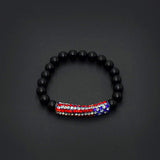 Black Matte Onyx Bracelet with American Flag Rhinestone Curved Tube Beads (Ethnic Wallet Gift)