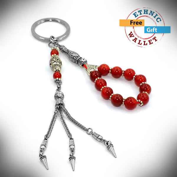 Red Agate Stone Worry Beads & Keychain Together -Stress Worry Beads-Tesbih-Tasbih ETHNIC WALLET GIFT
