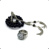 ALBATROSART -Black Agate Stone -8 mm -33 Beads - Worry Beads with Matching Stretch Ring - Elastic Ring with Replaceable Snap Button -Tesbih-Tasbih-Misbaha-Subha-Sibha-Rosary