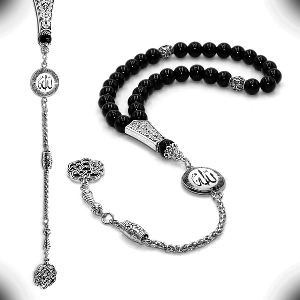 ALBATROSART Special -Allah Tassel- Collection (8 mm -33 Beads) Worry Beads - Prayer Beads-Tesbih-Tasbih-Tasbeeh-Misbaha-Masbaha-Subha-Sebha-Sibha-Rosary (Black Agate Stone)