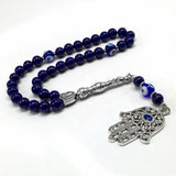 Evil Eye Collection Bracelet -Necklace - Keychain - Worry Beads - Prayer Beads -Komboloi - Begleri - Shawl - Hamsa (Lapis Lazuli Natural Stone & Evil Eye Hamsa Tassel -8 mm 33 Beads-)