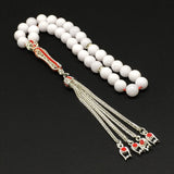 ALBATROSART -Elegance Collection- Prayer Beads-Tesbih-Tasbih-Tasbeeh-Misbaha-Masbaha-Subha-Sebha-Sibha-Rosary (White Jade with Zirconia Stone Silver Plated Tassel - Prayer Beads -8 mm, 33 Beads-)