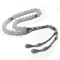 ALBATROSART - Simple Designed Natural Stone Worry Beads (8mm -33 Beads) - Prayer Beads Tesbih-Tasbih-Tasbeeh-Misbaha-Subha-Sebha-Sibha-Rosary (Natural White Jade Frosted Beads)