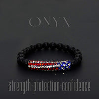 Black Matte Onyx Bracelet with American Flag Rhinestone Curved Tube Beads (Ethnic Wallet Gift)