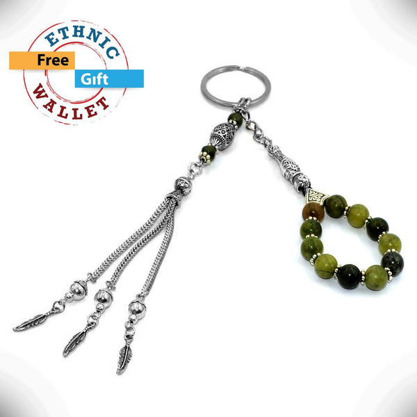 Green Taiwan Jade Worry Beads & Keychain Together -Stress Worry Beads-Tesbih (ETHNIC WALLET GIFT)