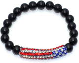 Black Matte Onyx Bracelet with American Flag Rhinestone Curved Tube Beads (Ethnic Wallet Gift)