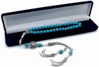 ALBATROSART Design - New Long & Stylist Tassels Worry Beads - Prayer Beads (8 mm-33 Beads) Tesbih-Tasbih-Tasbeeh-Misbaha-Subha-Sebha-Sibha-Rosary  (Synthetic Turquoise Stone - Twin Tassel)