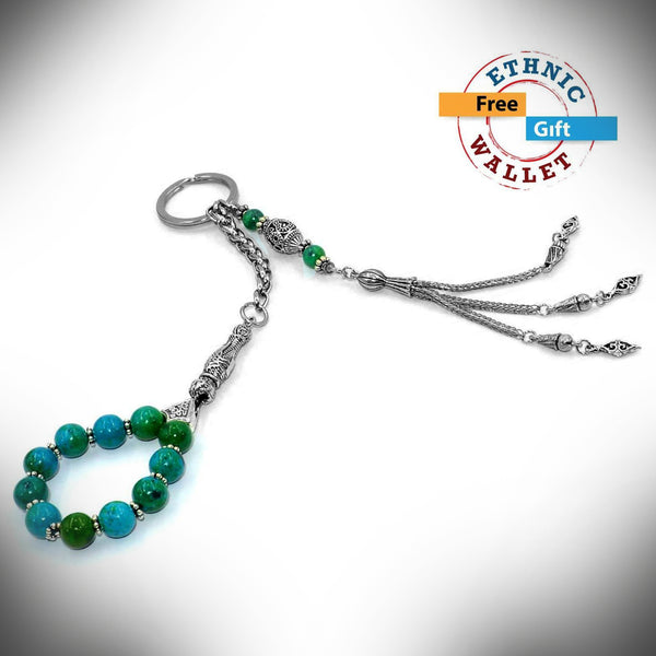 Chrysocolla Worry Beads & Keychain Together-Stress Worry Beads-Tesbih-Key Chain - FREE GIFT POUCH