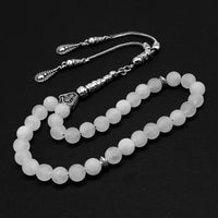 ALBATROSART - Simple Designed Natural Stone Worry Beads (8mm -33 Beads) - Prayer Beads Tesbih-Tasbih-Tasbeeh-Misbaha-Subha-Sebha-Sibha-Rosary (Natural White Jade Frosted Beads)