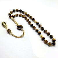 ALBATROSART Design -Tiger Eye Stone Series Worry Beads - Prayer Beads (8 mm-33 Beads) Tesbih-Tasbih-Tasbeeh-Misbaha-Masbaha-Subha-Sebha-Sibha-Rosary (Tiger Eye Stone-Gold Tassel)