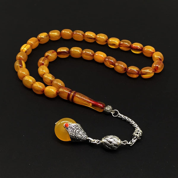 -FIRE Amber Collection- Prayer Beads-Worry Beads-Tesbih-Tasbih-Misbaha-Masbaha-Rosary (Honey-Colored Wavy Transparent -10x9 mm-33- Bakelite Beads)
