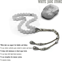 ALBATROSART - Simple Designed Natural Stone Worry Beads (8mm -33 Beads) - Prayer Beads Tesbih-Tasbih-Tasbeeh-Misbaha-Subha-Sebha-Sibha-Rosary (Natural White Jade Frosted Beads)